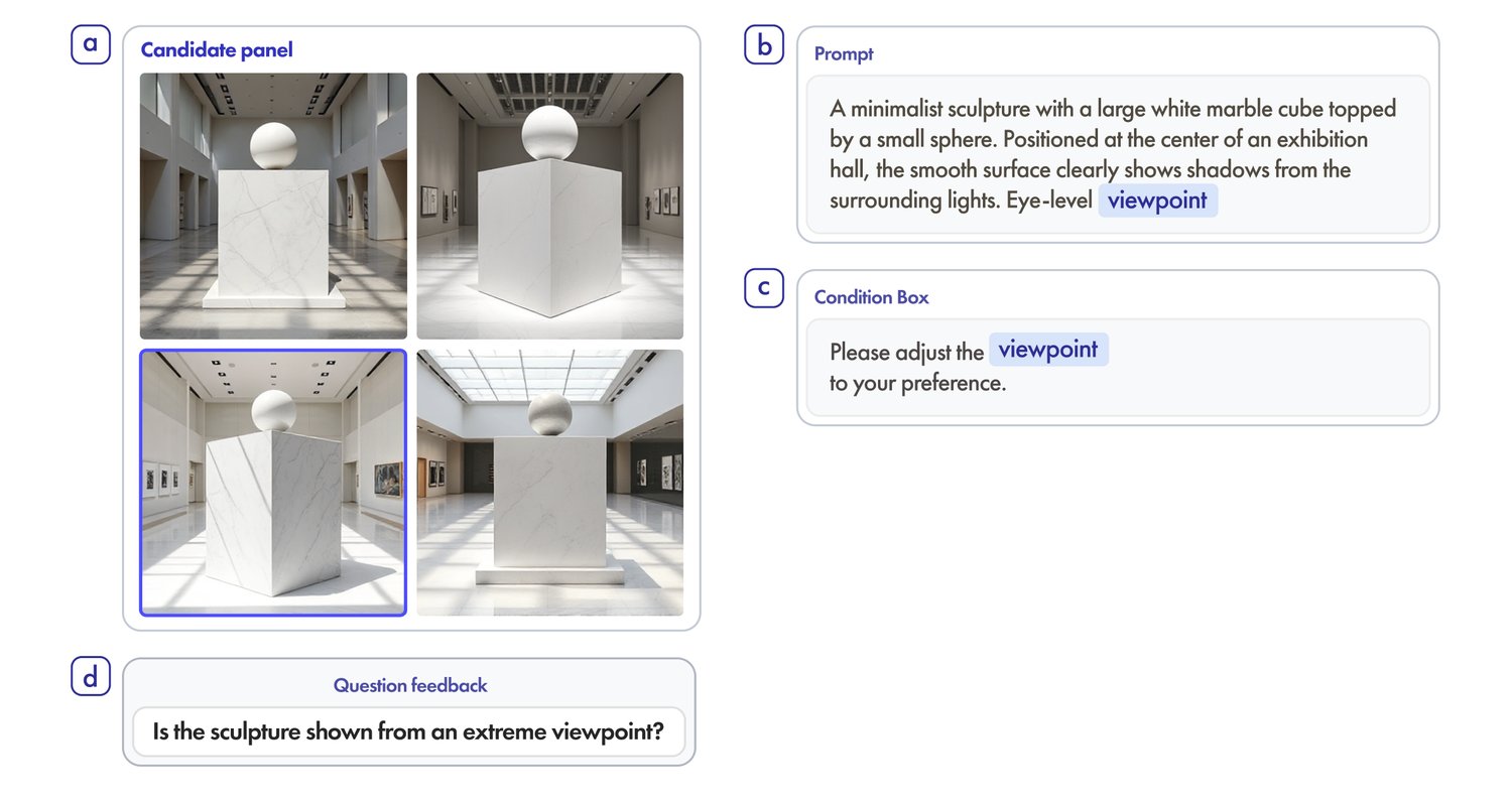 DesignLoRA interface: a four-image candidate panel, prompt box, adjustable condition attributes, and a natural-language question box.